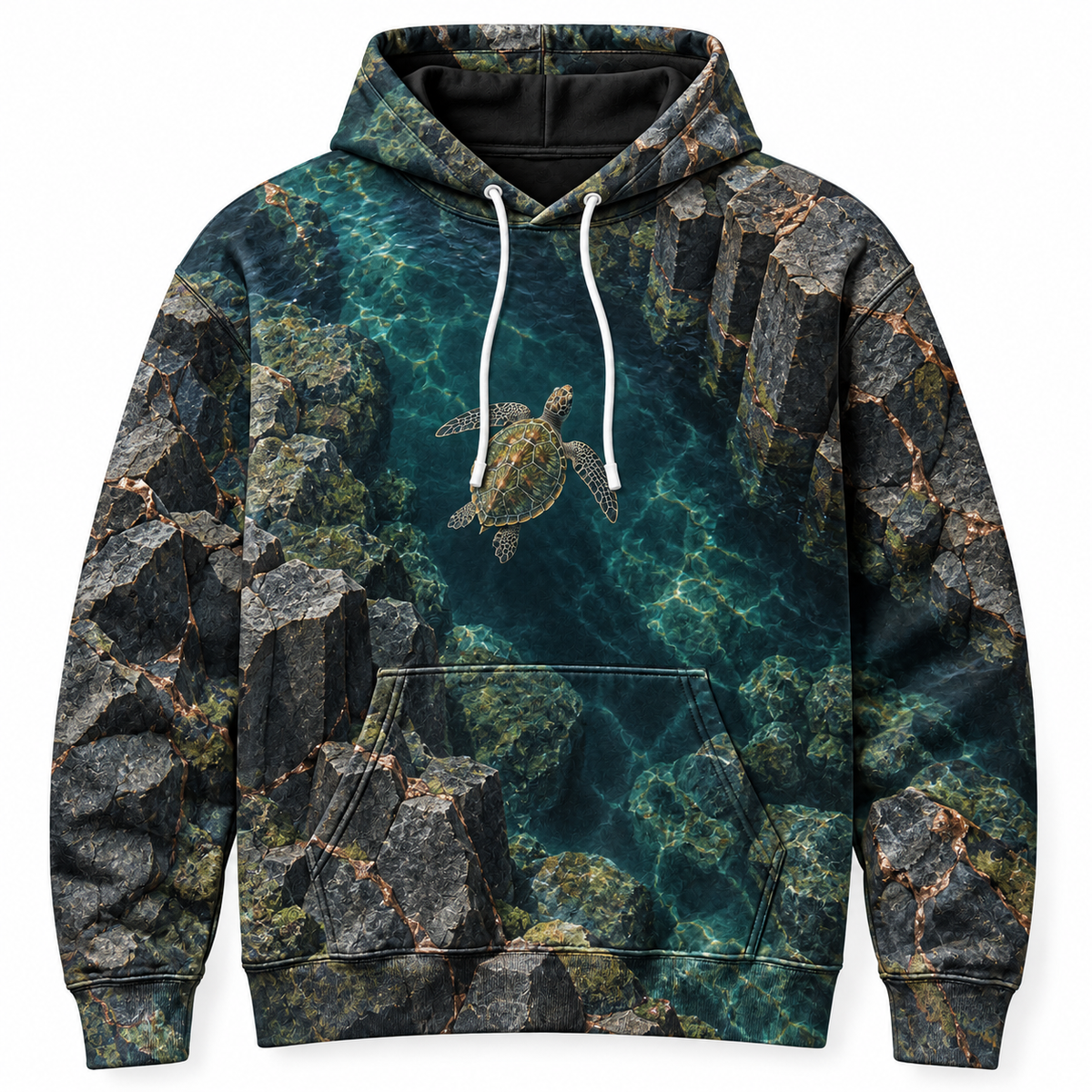 Basalt Aperture Sea Turtle Hoodie — Volcanic Stone Print