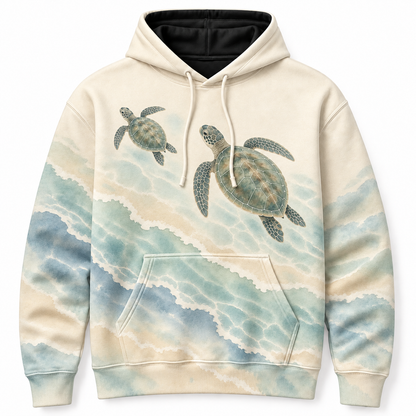 Honu Shallows Sea Turtle Hoodie — Soft Coastal Watercolor Print