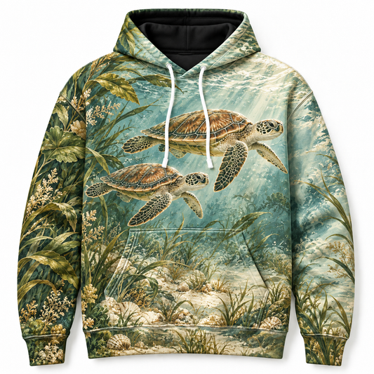 Cypress Estuary Sea Turtle Hoodie — Vintage Green Seagrass Print