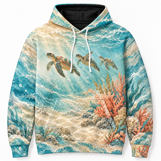 Coral Sand Serenade Sea Turtle Hoodie — Soft Coral Garden Print