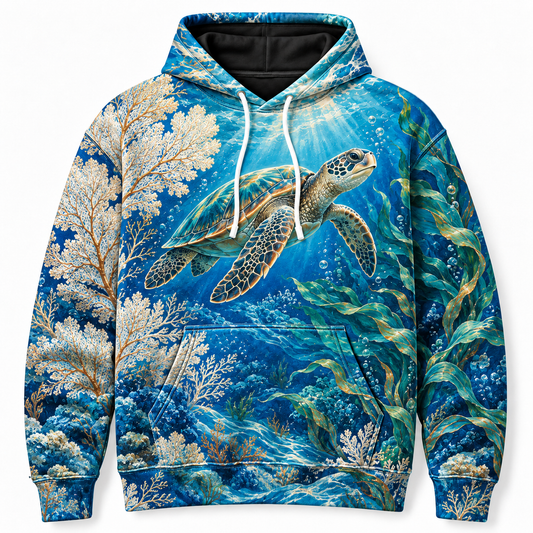 Oceanic Tapestry Sea Turtle Hoodie — Blue Coral and Kelp Print