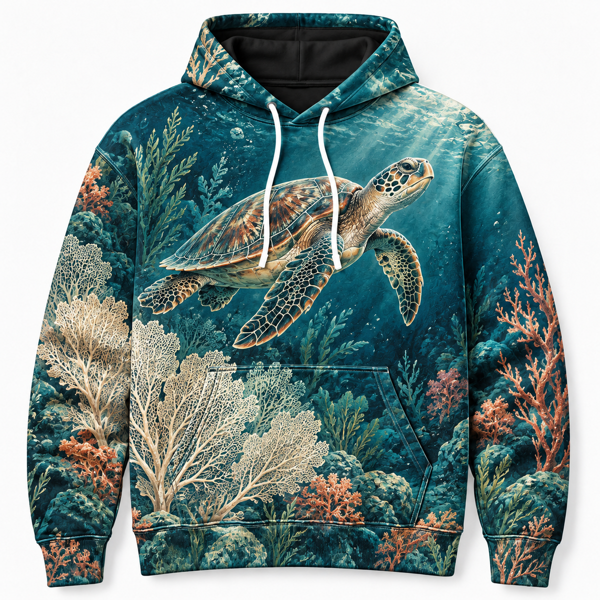 Abyssal Bloom Sea Turtle Hoodie — Coral Reef All-Over Print