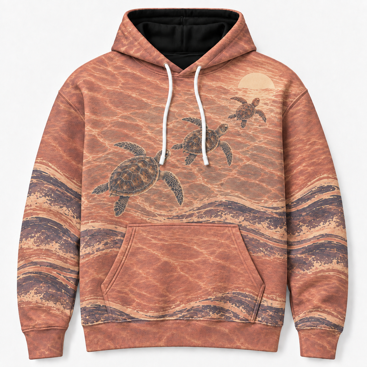 Amber Tide Sea Turtle Hoodie — Copper Sunset Wave Print