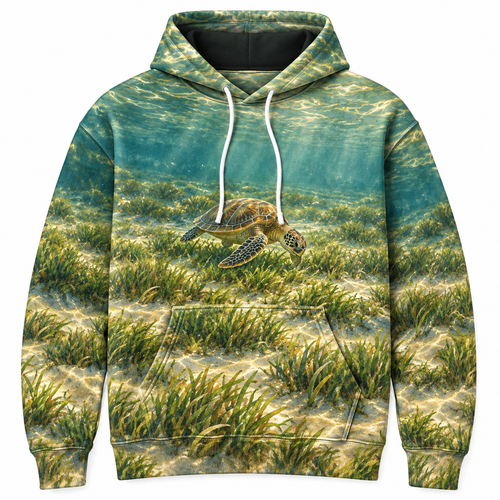 Seagrass Grazer Sea Turtle Hoodie — Coastal Meadow Print