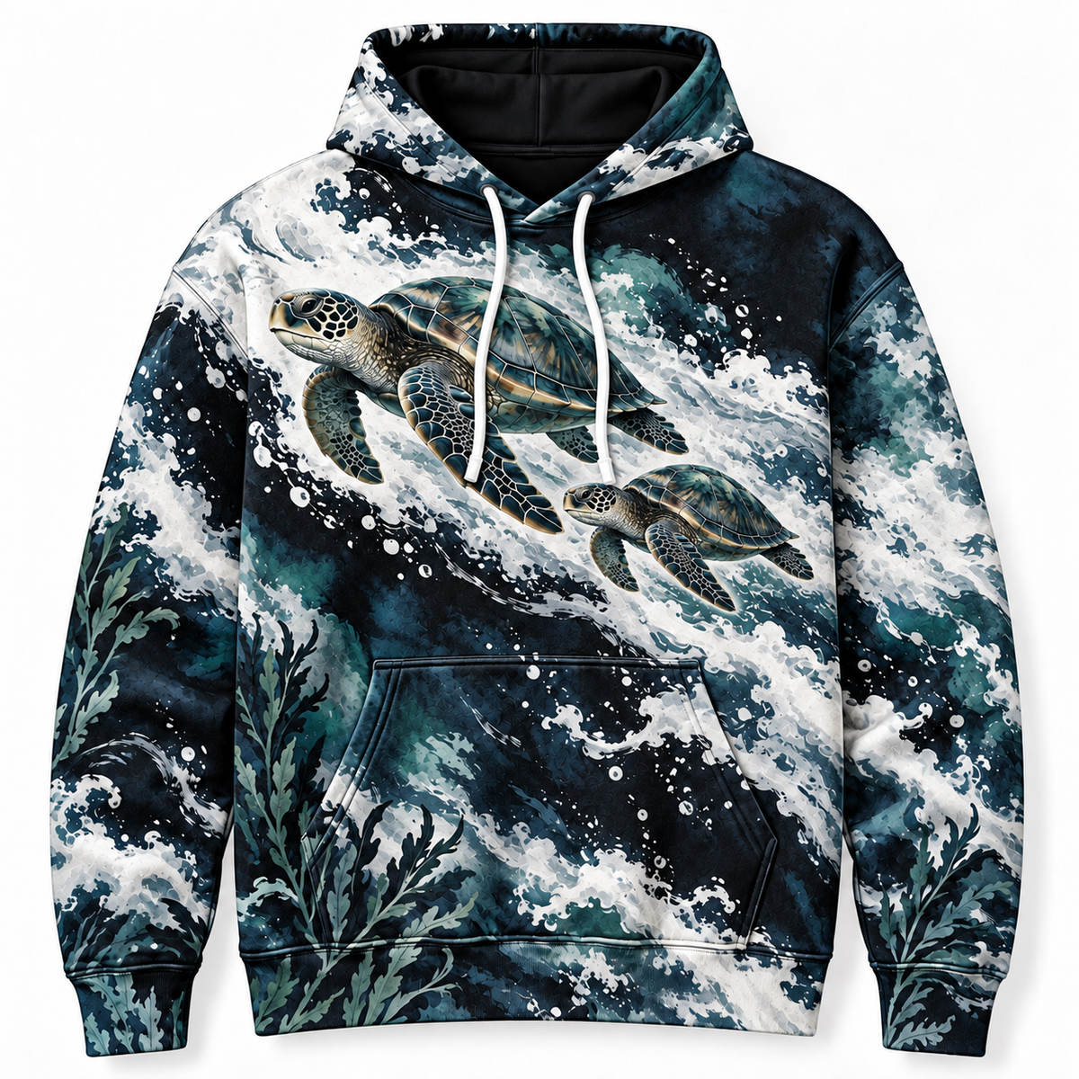 Inkfoam Voyage Sea Turtle Hoodie — Black and White Ocean Wave Print