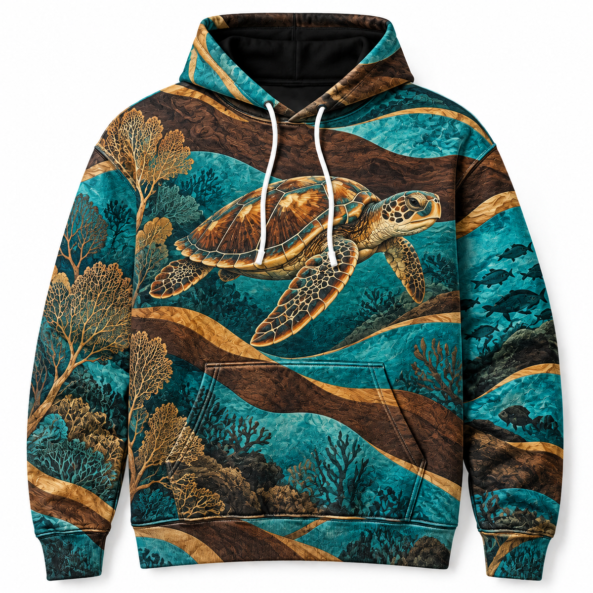 Reef Marquetry Sea Turtle Hoodie — Turquoise Woodcut-Inspired Print