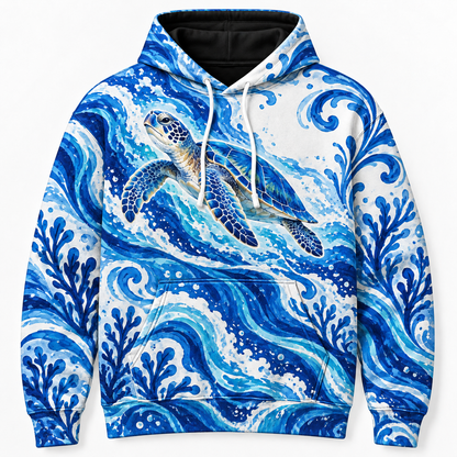 Aegean Currents Sea Turtle Hoodie — Cobalt Ceramic-Inspired Wave Print