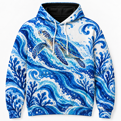 Aegean Currents Sea Turtle Hoodie — Cobalt Ceramic-Inspired Wave Print