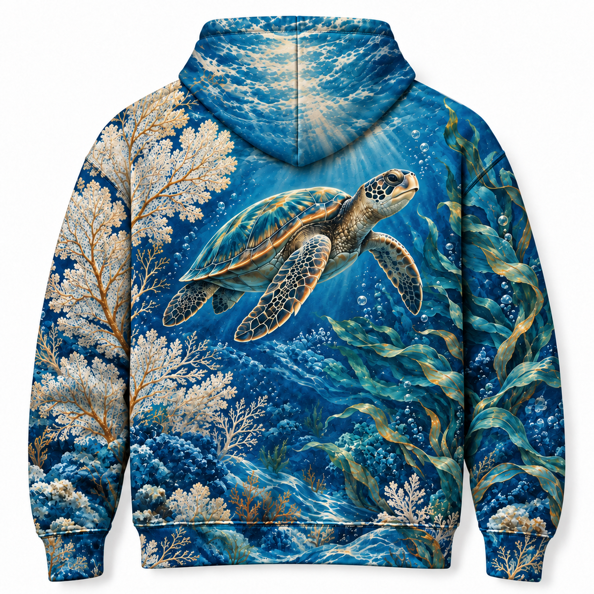 Oceanic Tapestry Sea Turtle Hoodie — Blue Coral and Kelp Print