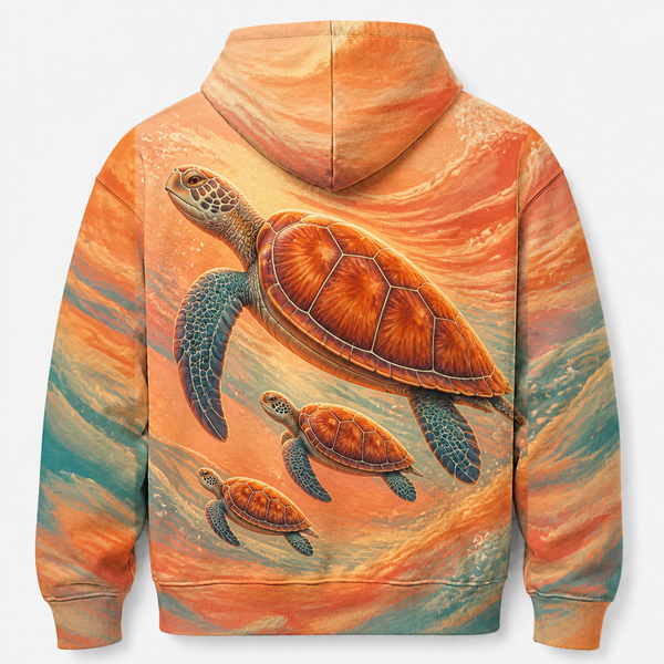 Coral Sunrise Sea Turtle Hoodie — Warm Orange Ocean Print