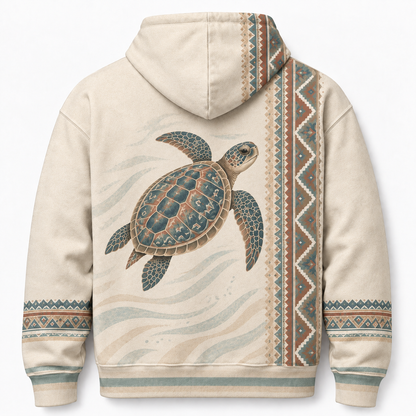 Coastal Loom Sea Turtle Hoodie — Vintage Geometric Print