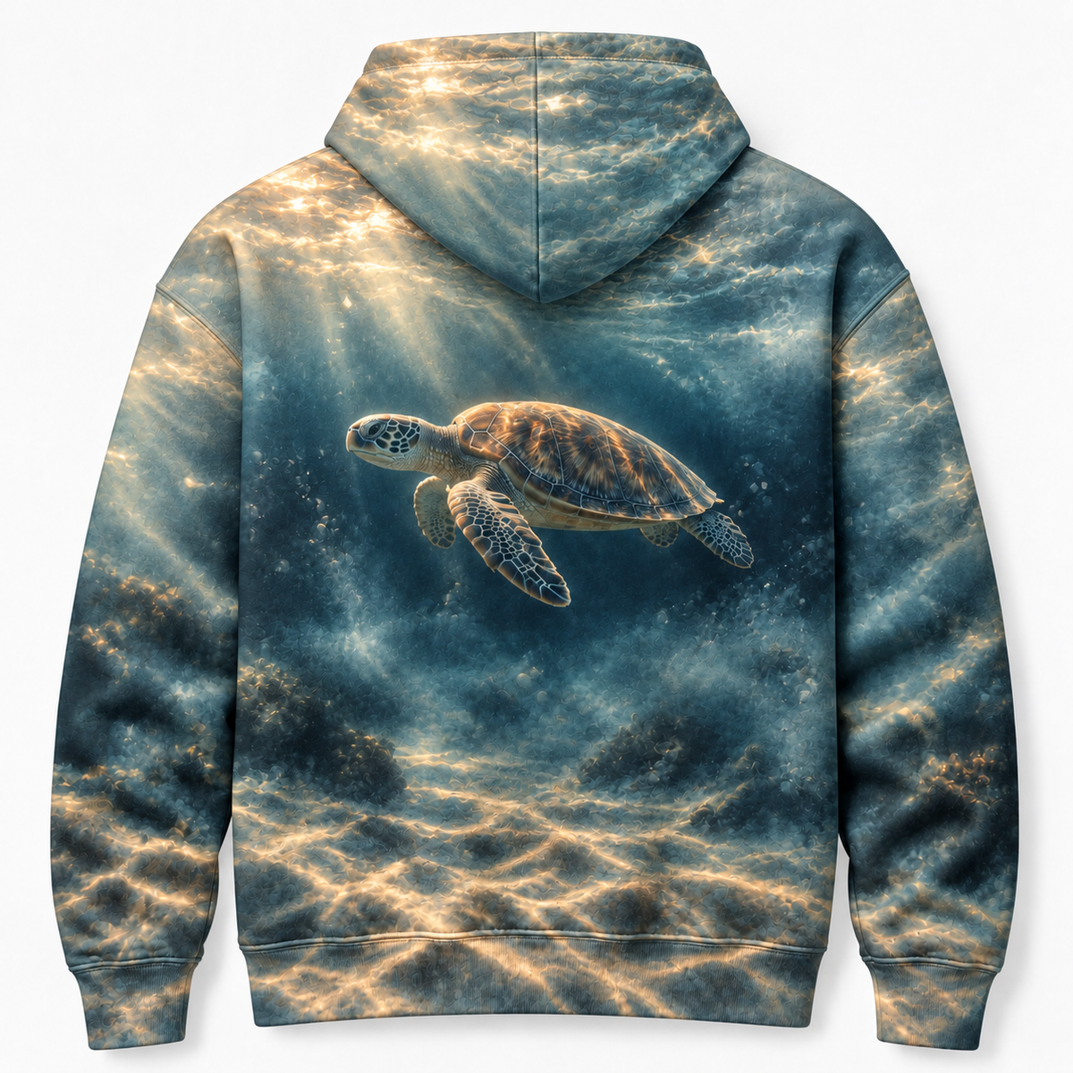 Fogbound Blue Sea Turtle Hoodie — Soft Coastal Haze Print