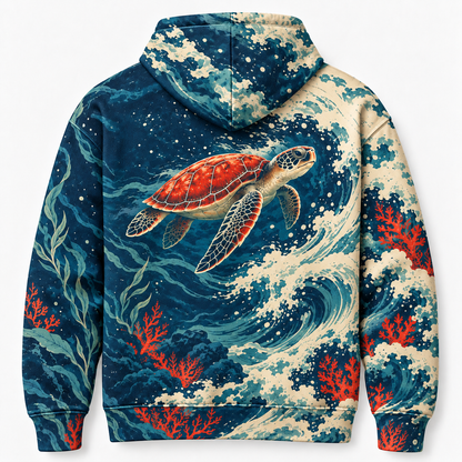 Vermilion Undertow Sea Turtle Hoodie — Red and Navy Wave Print