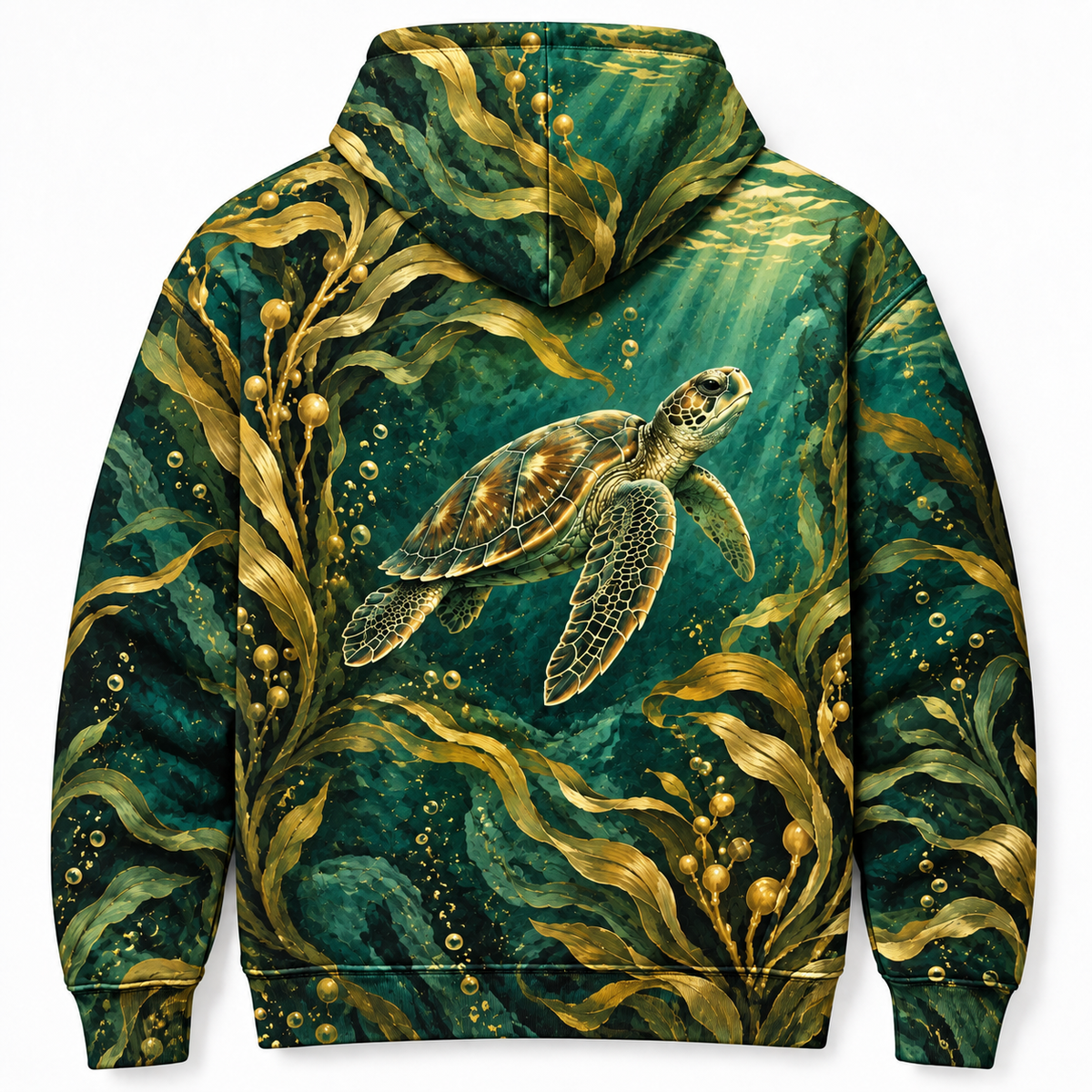 Golden Kelp Passage Sea Turtle Hoodie — Art Nouveau Kelp Print