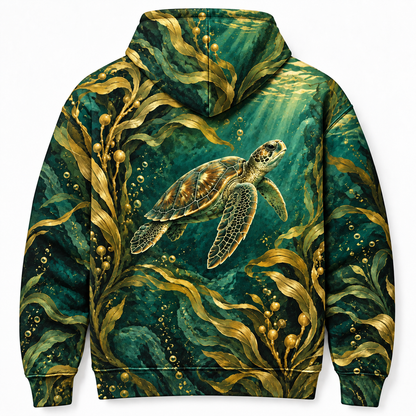 Golden Kelp Passage Sea Turtle Hoodie — Art Nouveau Kelp Print