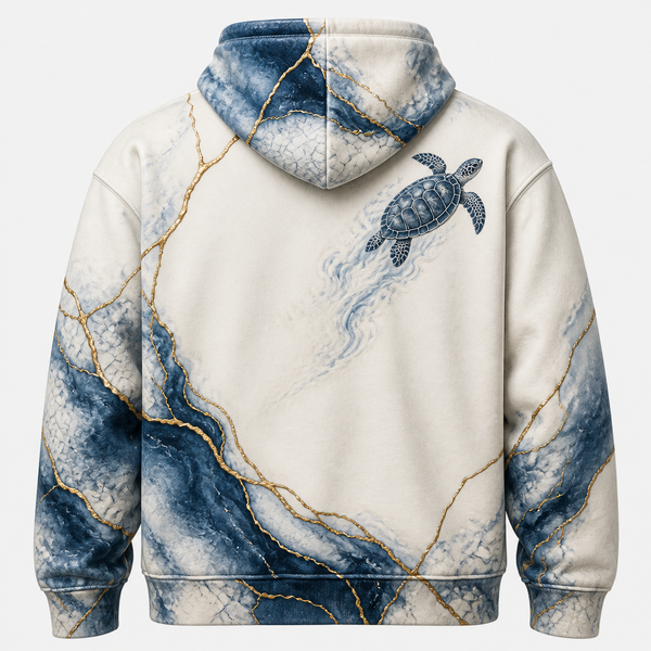 Kintsugi Sea Turtle Hoodie — Blue Porcelain and Gold Print