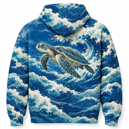 Ultramarine Crest Sea Turtle Hoodie — Blue Wave Crest Print