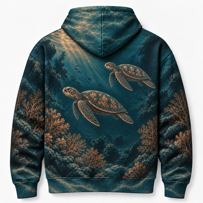 Deep Coral Sea Turtle Hoodie — Underwater Bronze Coral Print