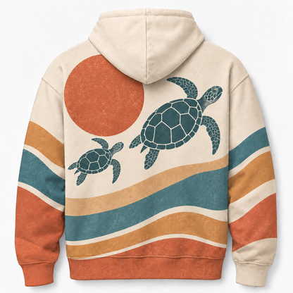 Terracotta Tides Sea Turtle Hoodie – Retro Sunset Wave Print