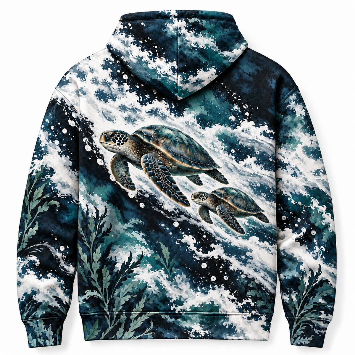 Inkfoam Voyage Sea Turtle Hoodie — Black and White Ocean Wave Print