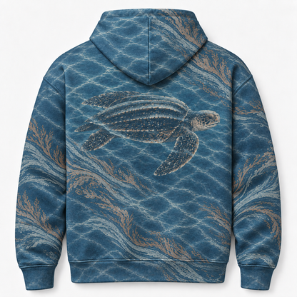 Leatherback Drift Sea Turtle Hoodie — Deep Sea Kelp Print