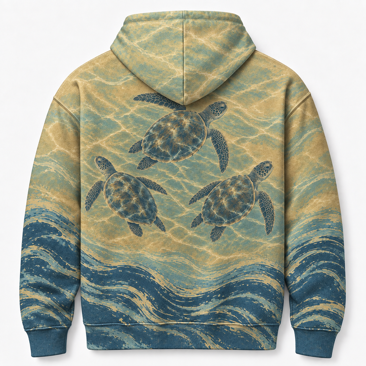 Golden Shoal Sea Turtle Hoodie — Sandy Blue Wave Print