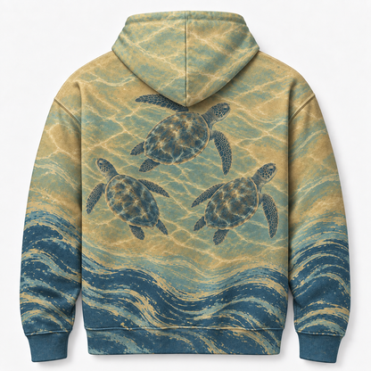 Golden Shoal Sea Turtle Hoodie — Sandy Blue Wave Print