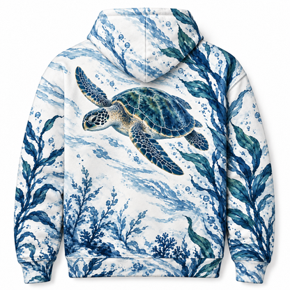 Porcelain Kelp Study Sea Turtle Hoodie — Blue and White Kelp Print