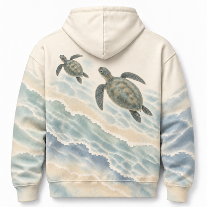 Honu Shallows Sea Turtle Hoodie — Soft Coastal Watercolor Print
