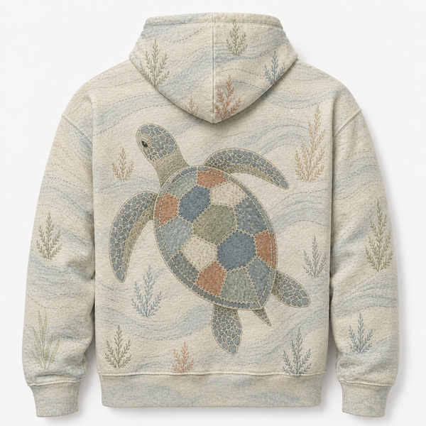 Patchwork Sea Turtle Hoodie — Quilted Coastal Stitch Print