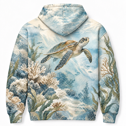 Misty Reef Haven Sea Turtle Hoodie — Soft Sage Watercolor Reef Print