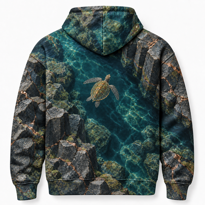 Basalt Aperture Sea Turtle Hoodie — Volcanic Stone Print