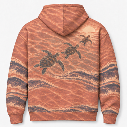Amber Tide Sea Turtle Hoodie — Copper Sunset Wave Print