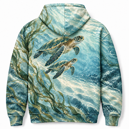 Lagoon Silk Sea Turtle Hoodie — Soft Green Ocean Print