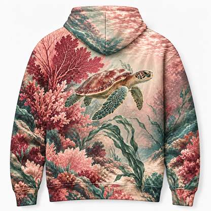 Rosewater Reef Sea Turtle Hoodie — Blush Coral Reef Print