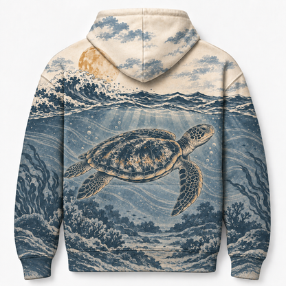 Moonlit Passage Sea Turtle Hoodie – Vintage Underwater Wave Print