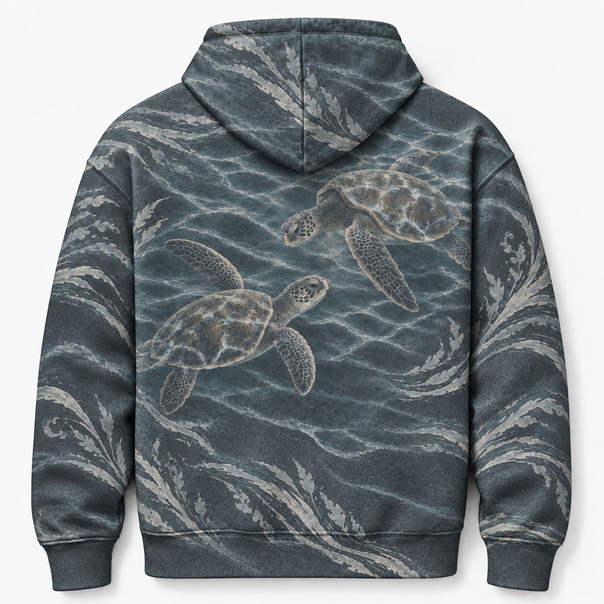 Stormy Deep Sea Turtle Hoodie — Slate Grey Wave Print