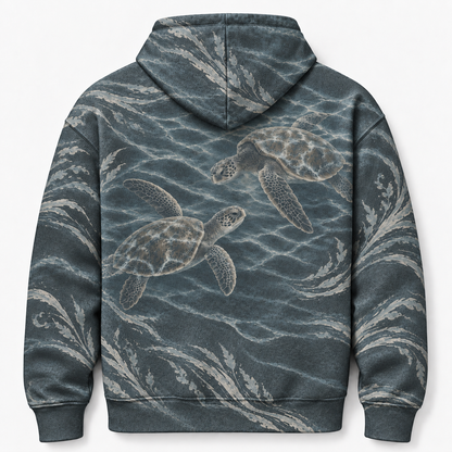 Stormy Deep Sea Turtle Hoodie — Slate Grey Wave Print