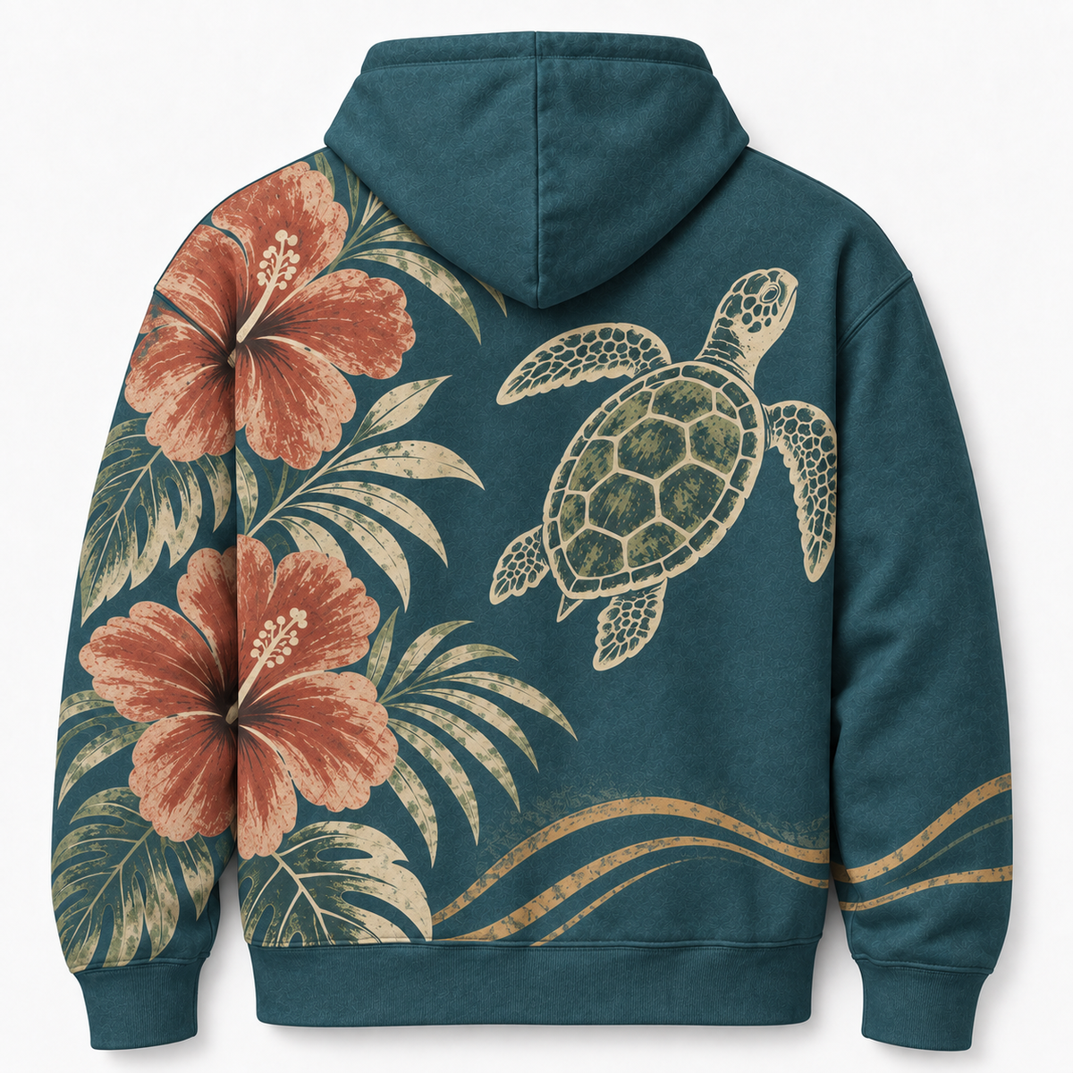 Hibiscus Dusk Sea Turtle Hoodie – Teal Tropical Floral Print