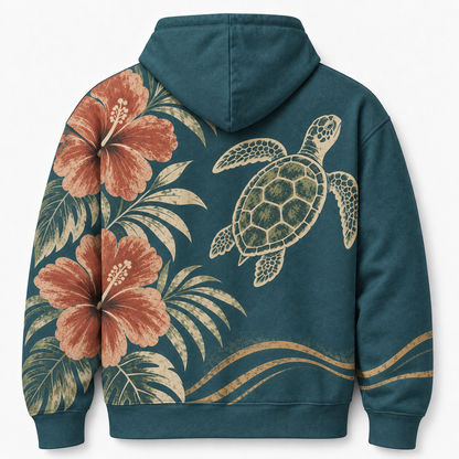 Hibiscus Dusk Sea Turtle Hoodie – Teal Tropical Floral Print