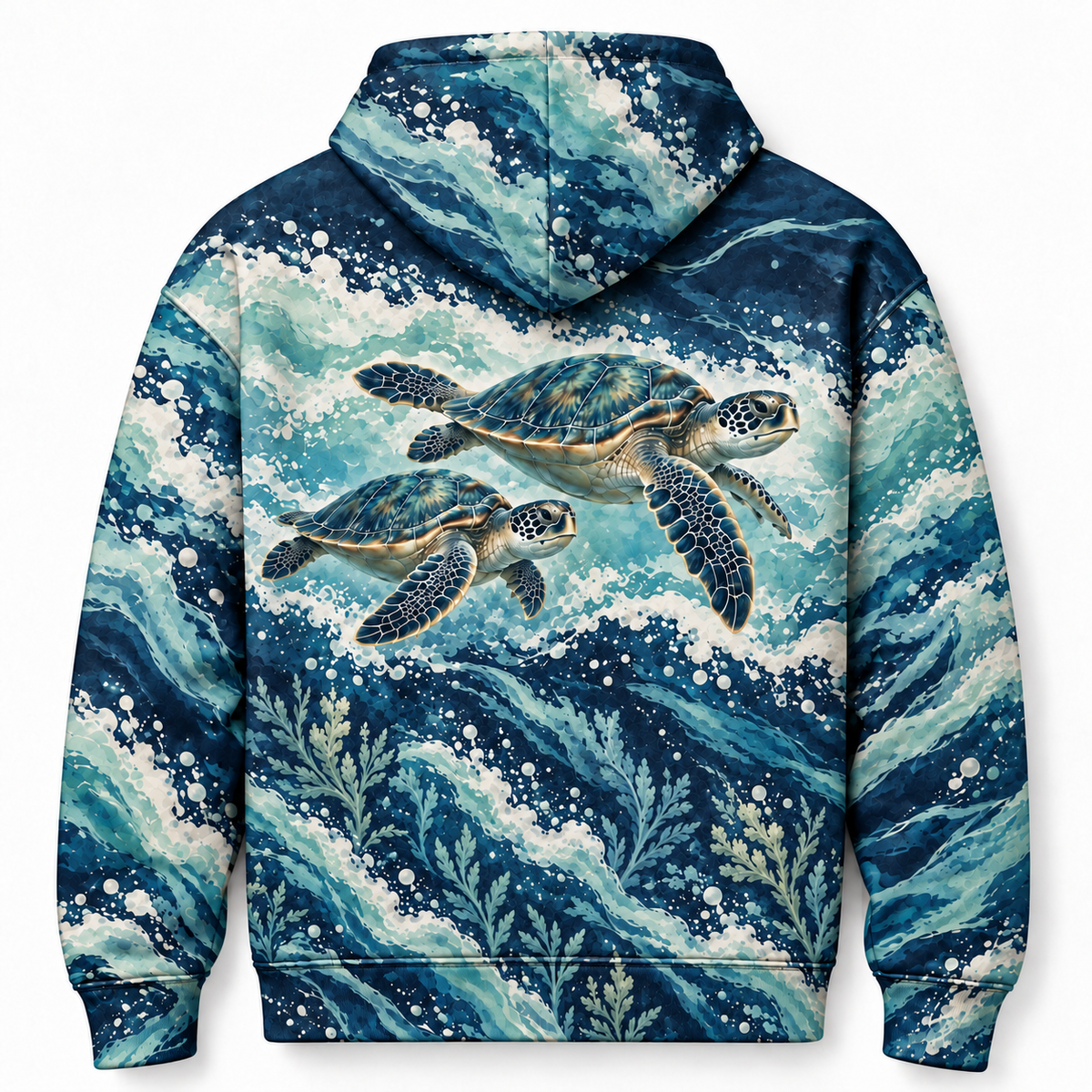 Foamline Run Sea Turtle Hoodie — Navy and Seafoam Wave Print