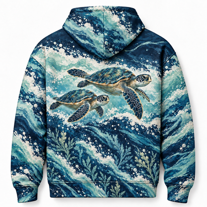 Foamline Run Sea Turtle Hoodie — Navy and Seafoam Wave Print