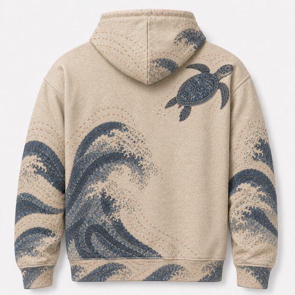 Sashiko Sea Turtle Hoodie — Boro Indigo Stitch Print