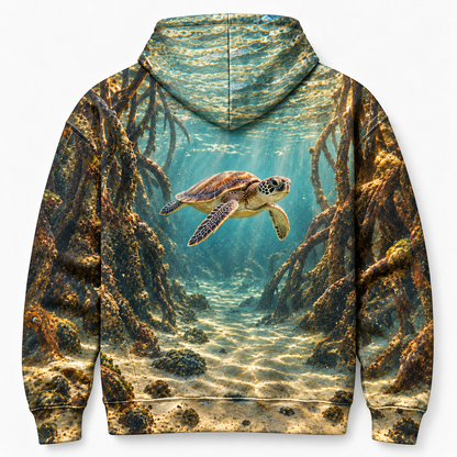 Rootwater Corridor Sea Turtle Hoodie — Mangrove Passage Print