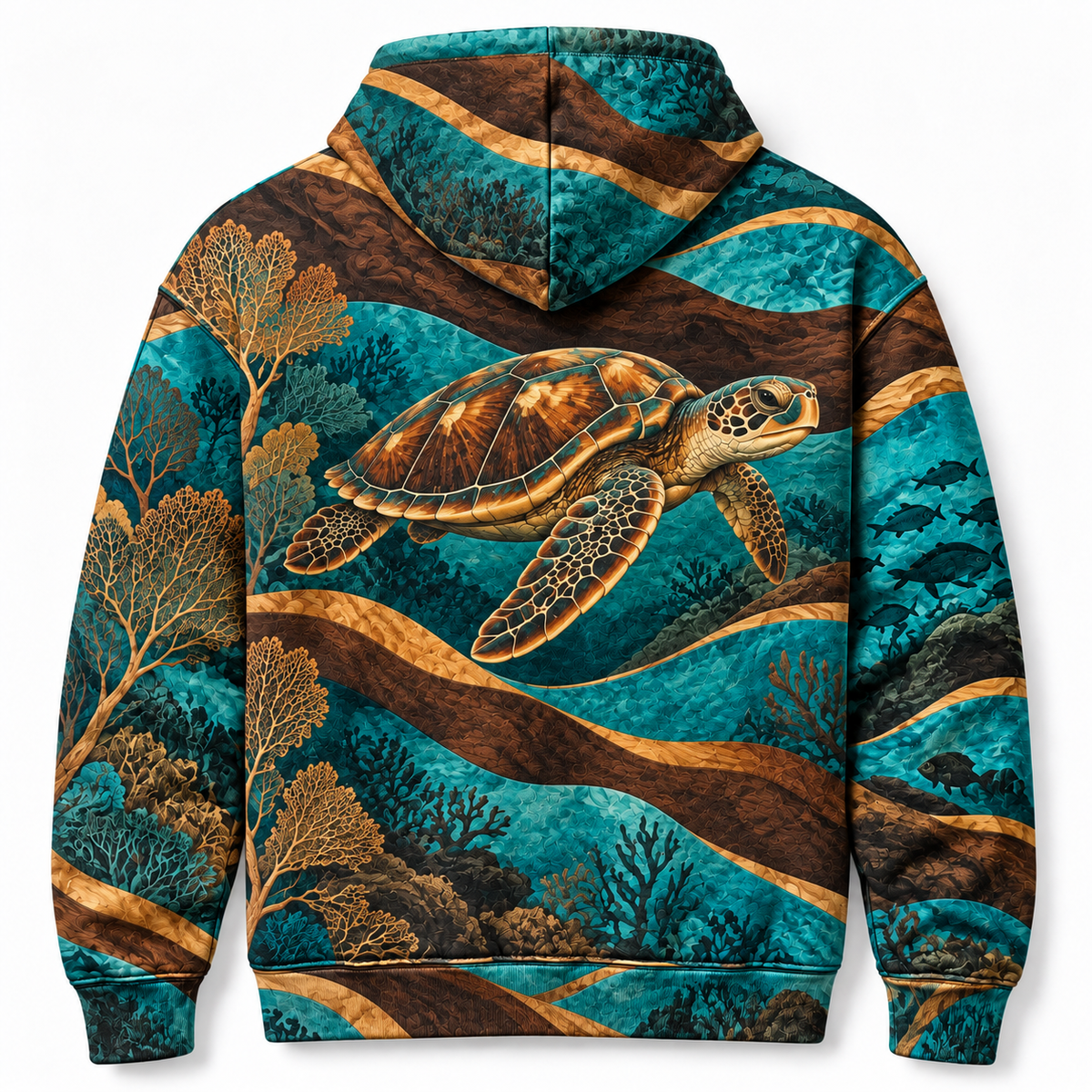 Reef Marquetry Sea Turtle Hoodie — Turquoise Woodcut-Inspired Print