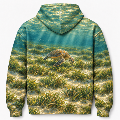 Seagrass Grazer Sea Turtle Hoodie — Coastal Meadow Print