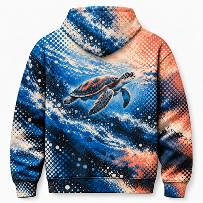 Halftone Horizon Sea Turtle Hoodie — Graphic Dotwork Print