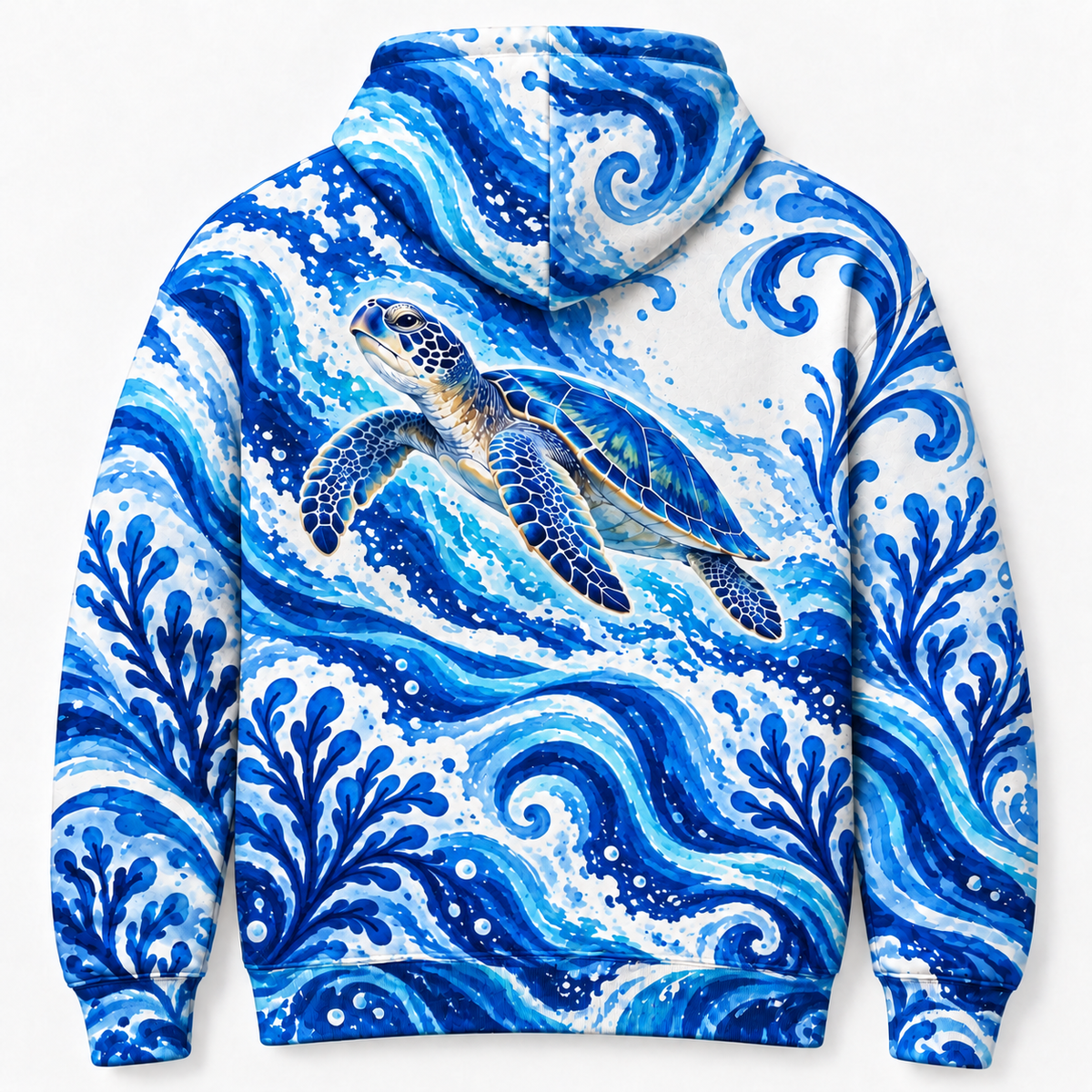 Aegean Currents Sea Turtle Hoodie — Cobalt Ceramic-Inspired Wave Print