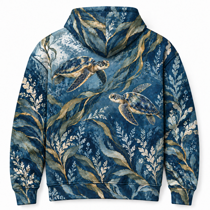 Indigo Kelp Waltz Sea Turtle Hoodie — Indigo Botanical Kelp Print