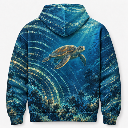 Sonar Bloom Sea Turtle Hoodie — Acoustic Ripple Print